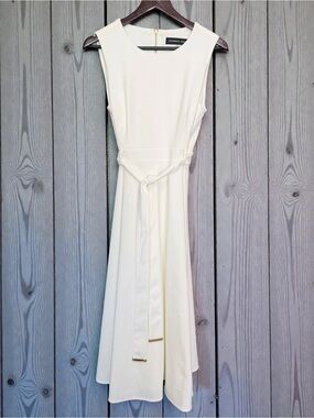 Andrew Marc Cream Sleeveless Midi Dress with Waist Tie